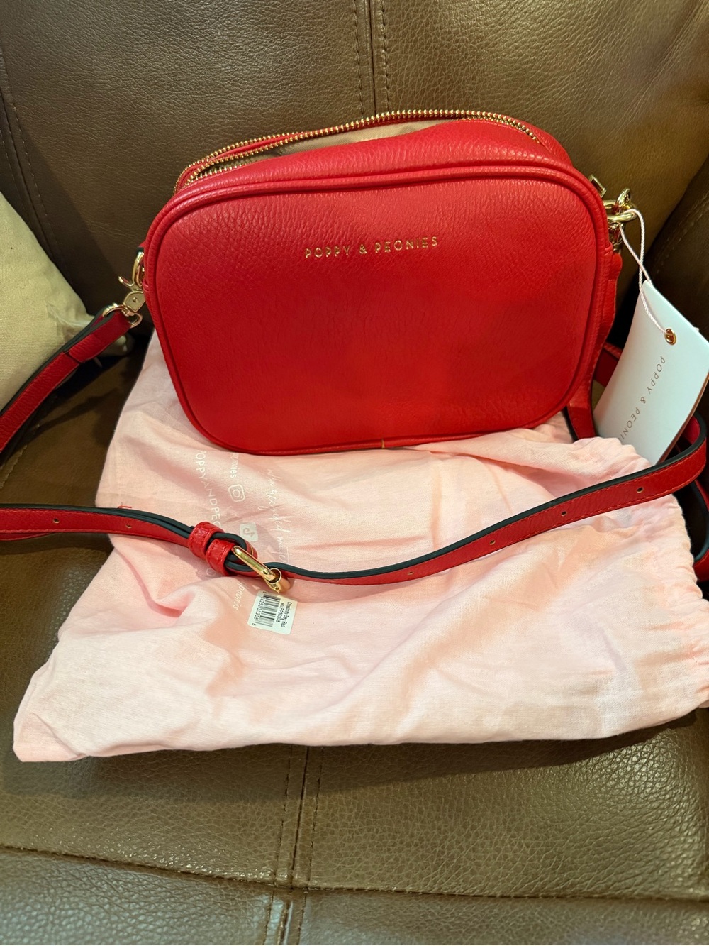 Poppy & Peonies Red Leather Crossbody with Gold Accents